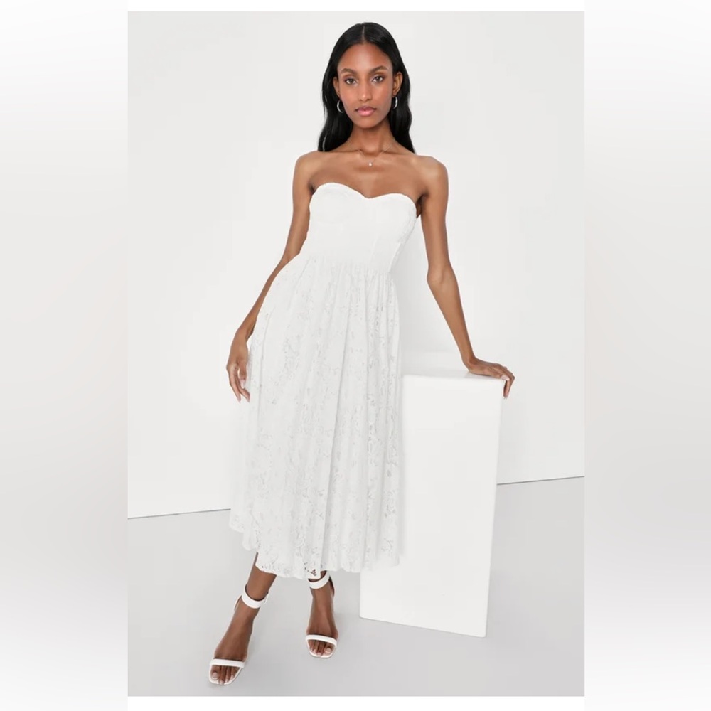 NWT Lulus Exquisite Aura White Lace Strapless Bustier Midi Dress - L